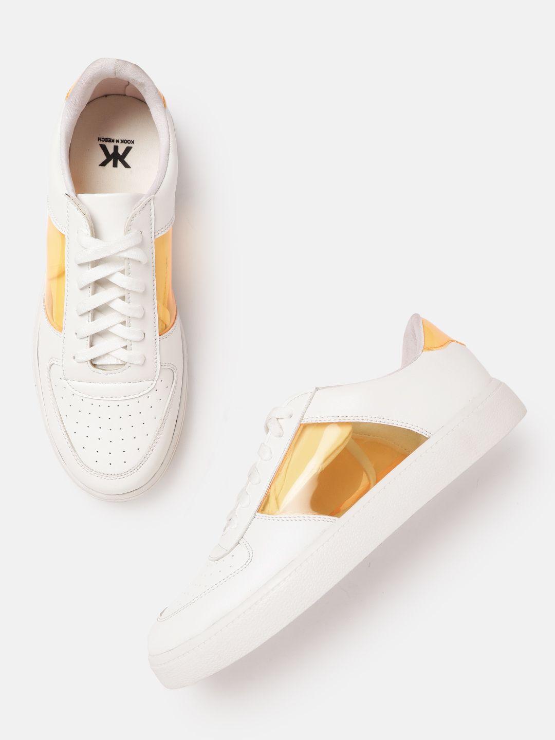 kook n keech women white & mustard yellow colourblocked sneakers