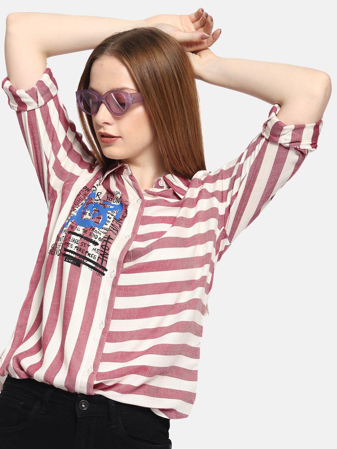 kook n keech women white & red regular fit striped casual shirt