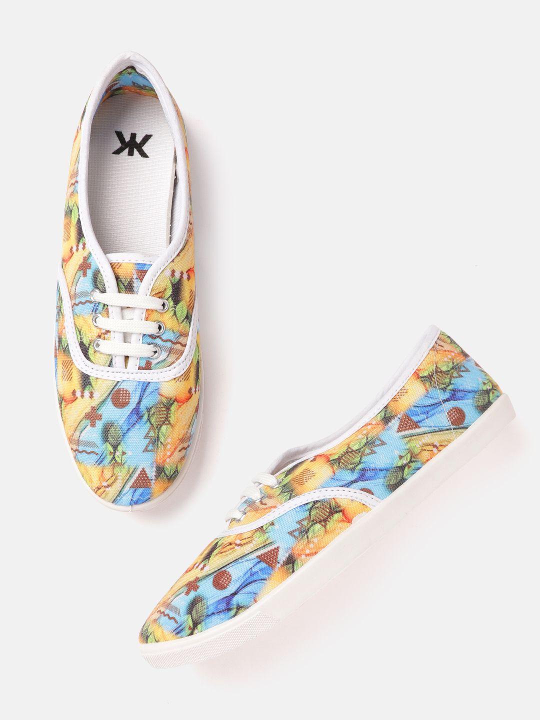 kook n keech women yellow & blue printed sneakers