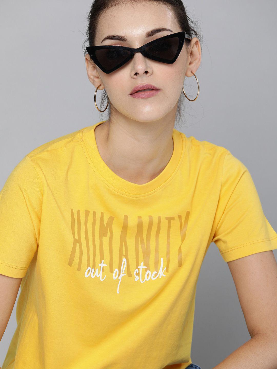kook n keech women yellow printed round neck pure cotton t-shirt