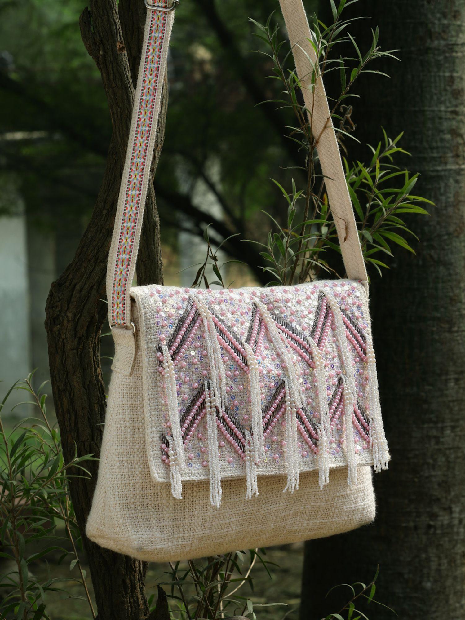 kooky ntural & pink boho chevron embellished handloom cotton canvas sling bag