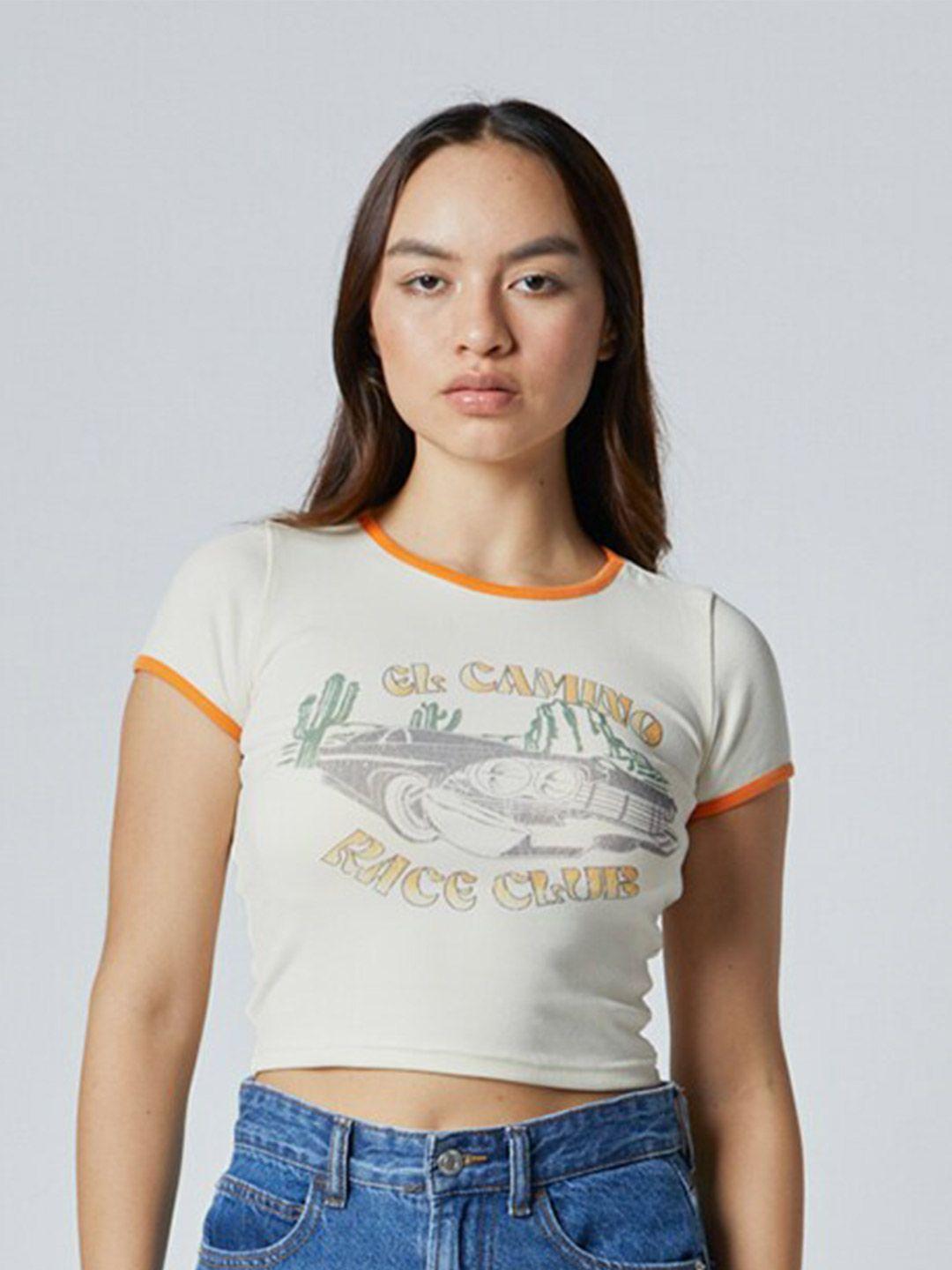 koovs graphic printed pure cotton crop t-shirt