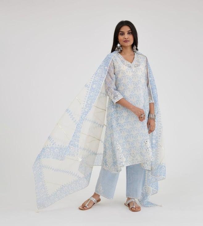 kora blue & off white dupatta