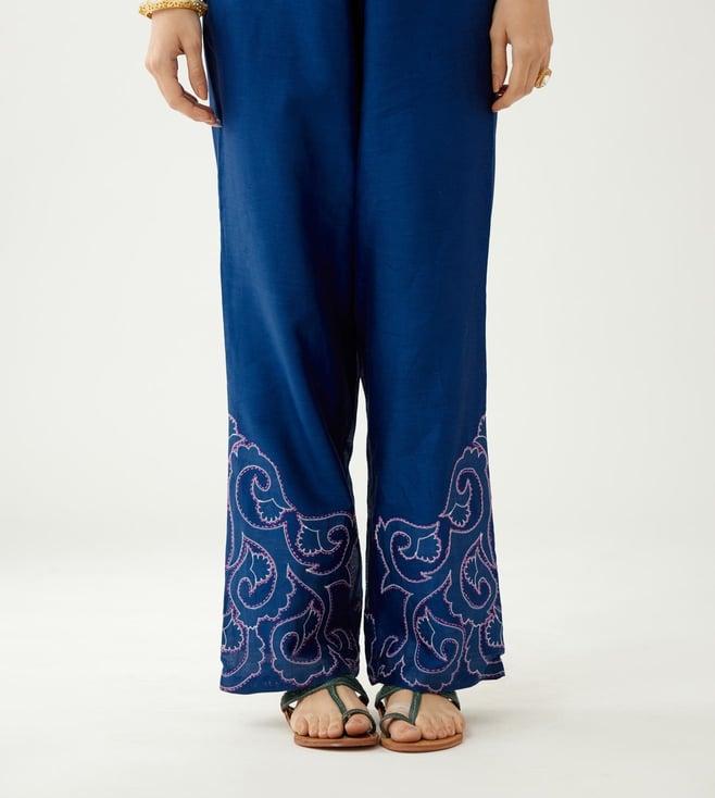kora blue solid silk chanderi casual trousers
