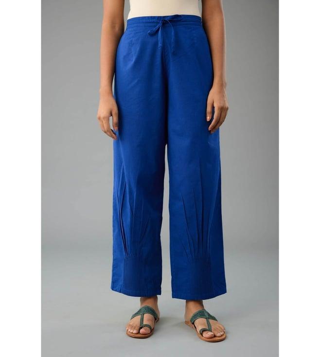 kora blue straight cotton pants detailed with pin tucks at bottom