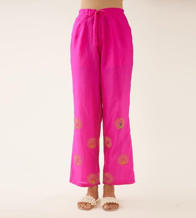 kora fiji fuchsia silk straight pants with dori and silk thread embroidery