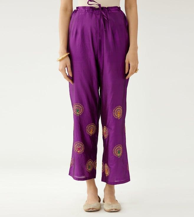 kora plum purple silk straight pants with dori and silk thread embroidery