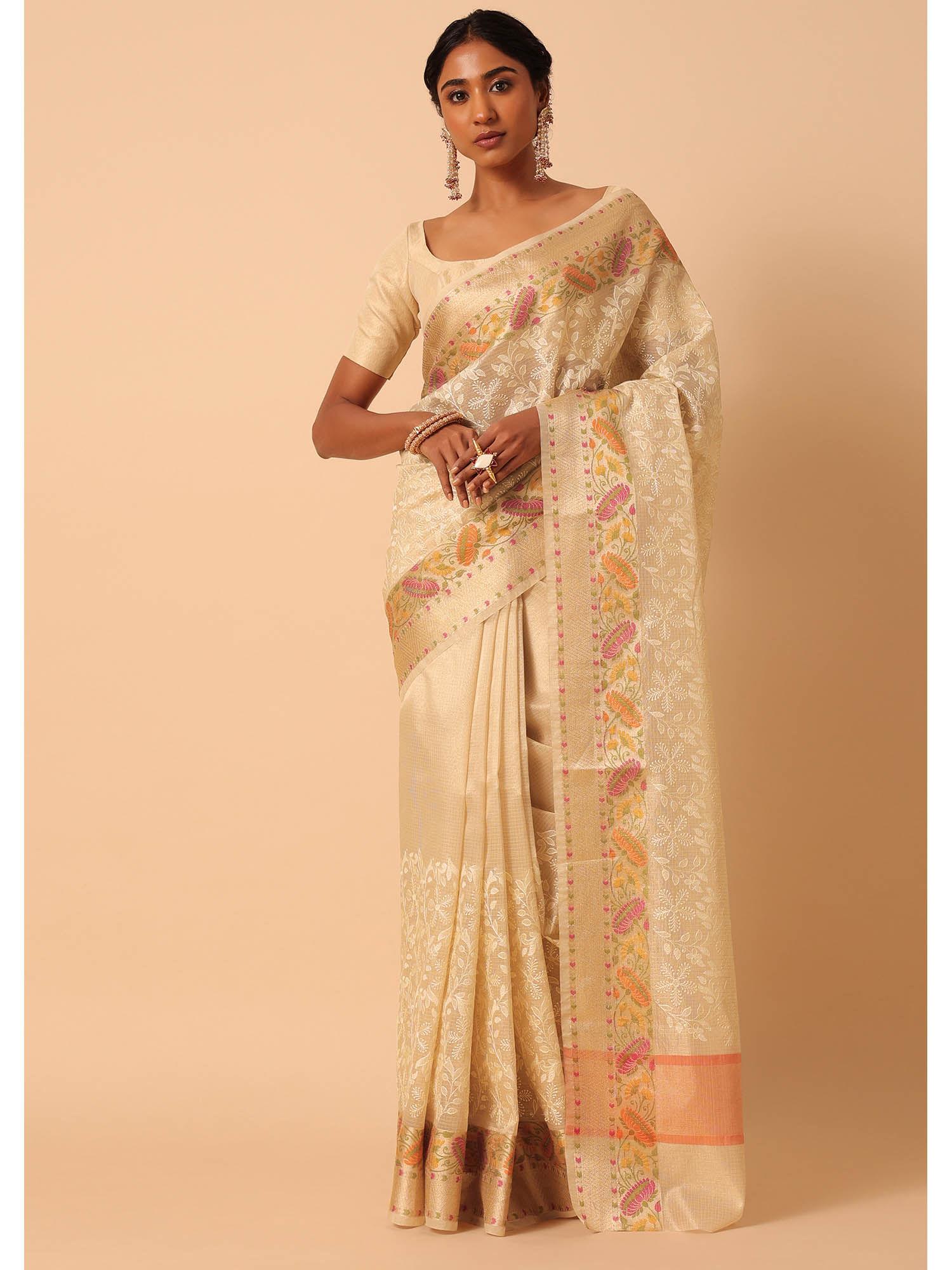 kora silk with floral motif multi-color thread work beige saree with unstitched blouse