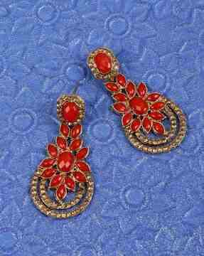 kord store delightful flower design & red stone gold plated dangler earrings