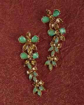 kord store graceful flower design green & stone gold plated dangler earrings