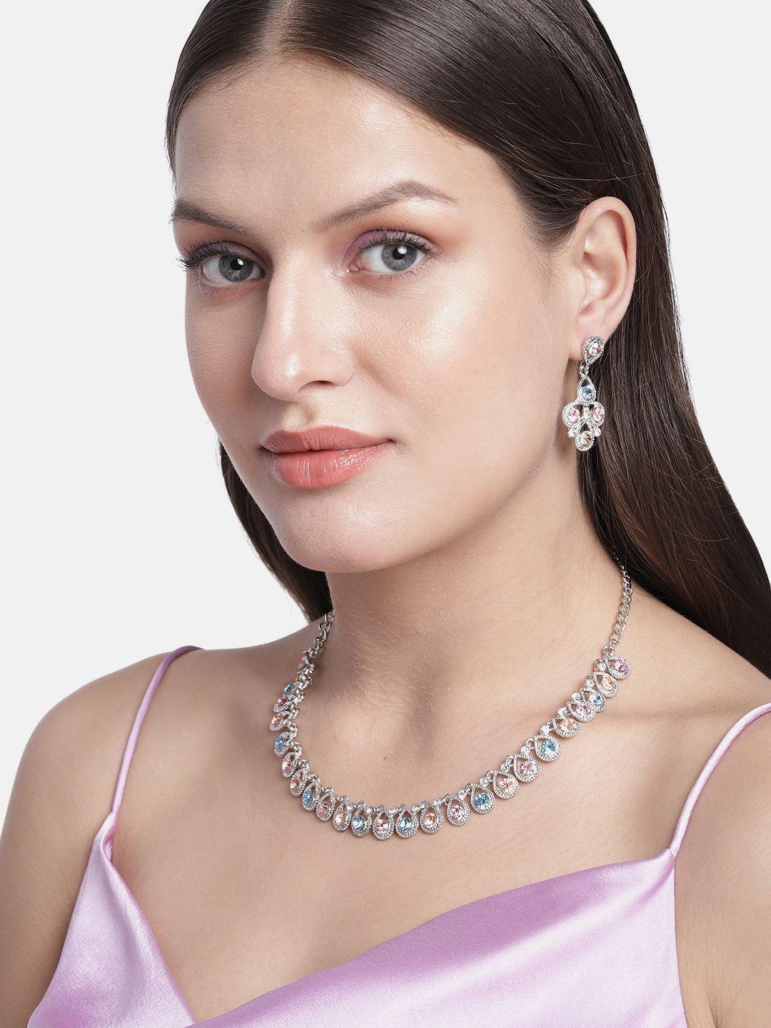 kord store pink & blue silver plated australian diamond studded jewellery set