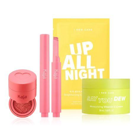korean face makeup bundle - 02| kaja lip gloss stick (sweet talk), kaja cheeky stamp (bossy), i dew care say you dew vit c cream, i dew care sheet mask (up all night)