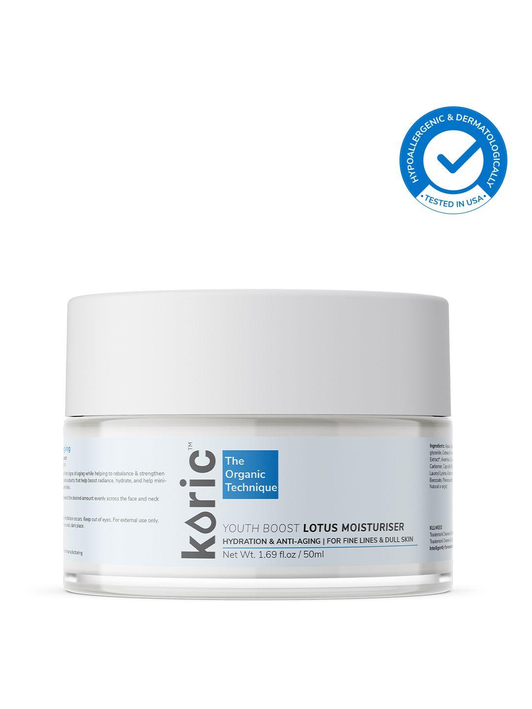 koric youth boost lotus face moisturiser with 1% hyaluronic acid & lemon peel oil 50 ml