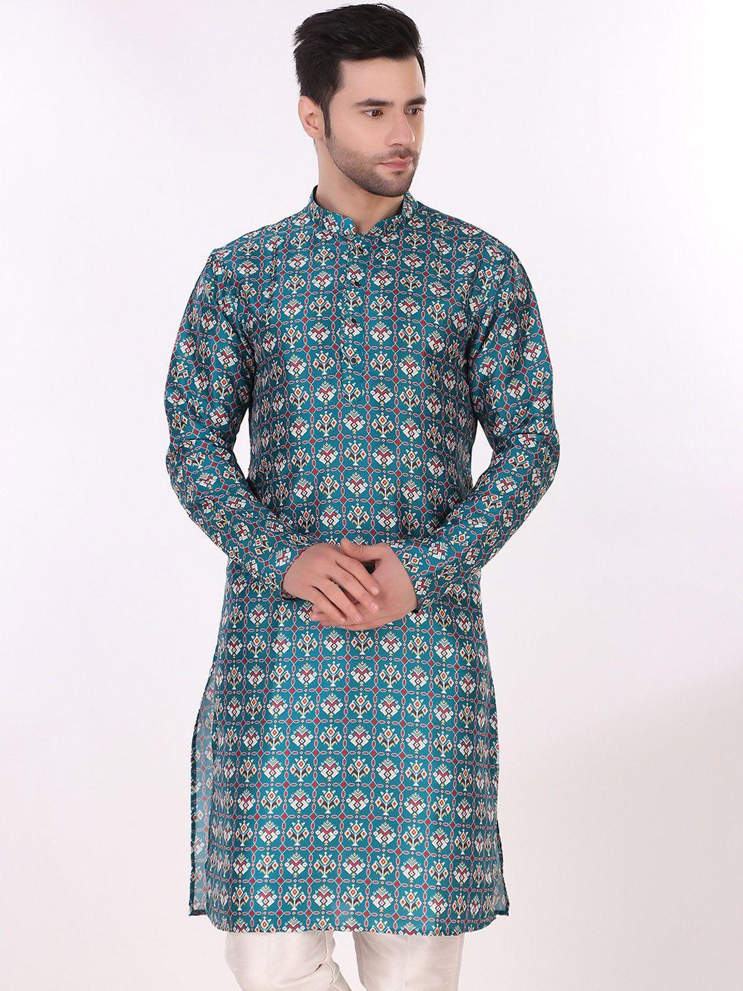 koshin men blue quirky printed thread work kurta