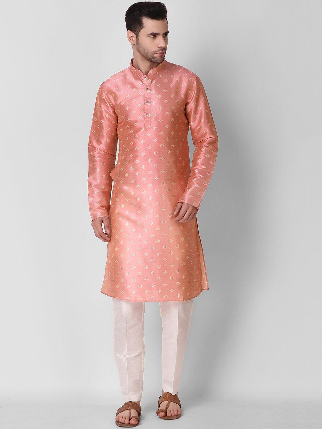 koshin men peach-coloured ethnic motifs printed regular kurta with pyjamas