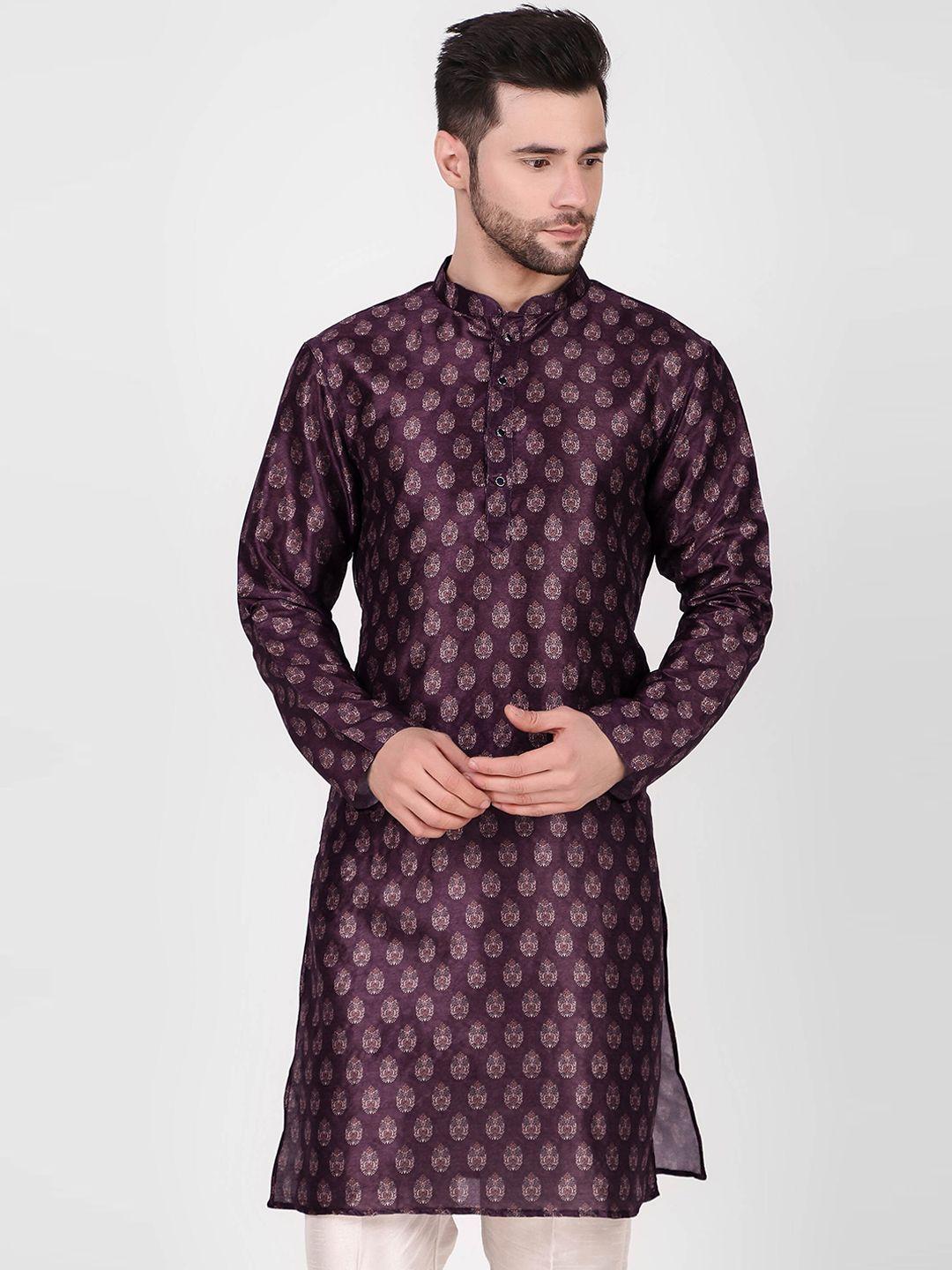 koshin men purple ethnic motifs printed regular kurta with pyjamas