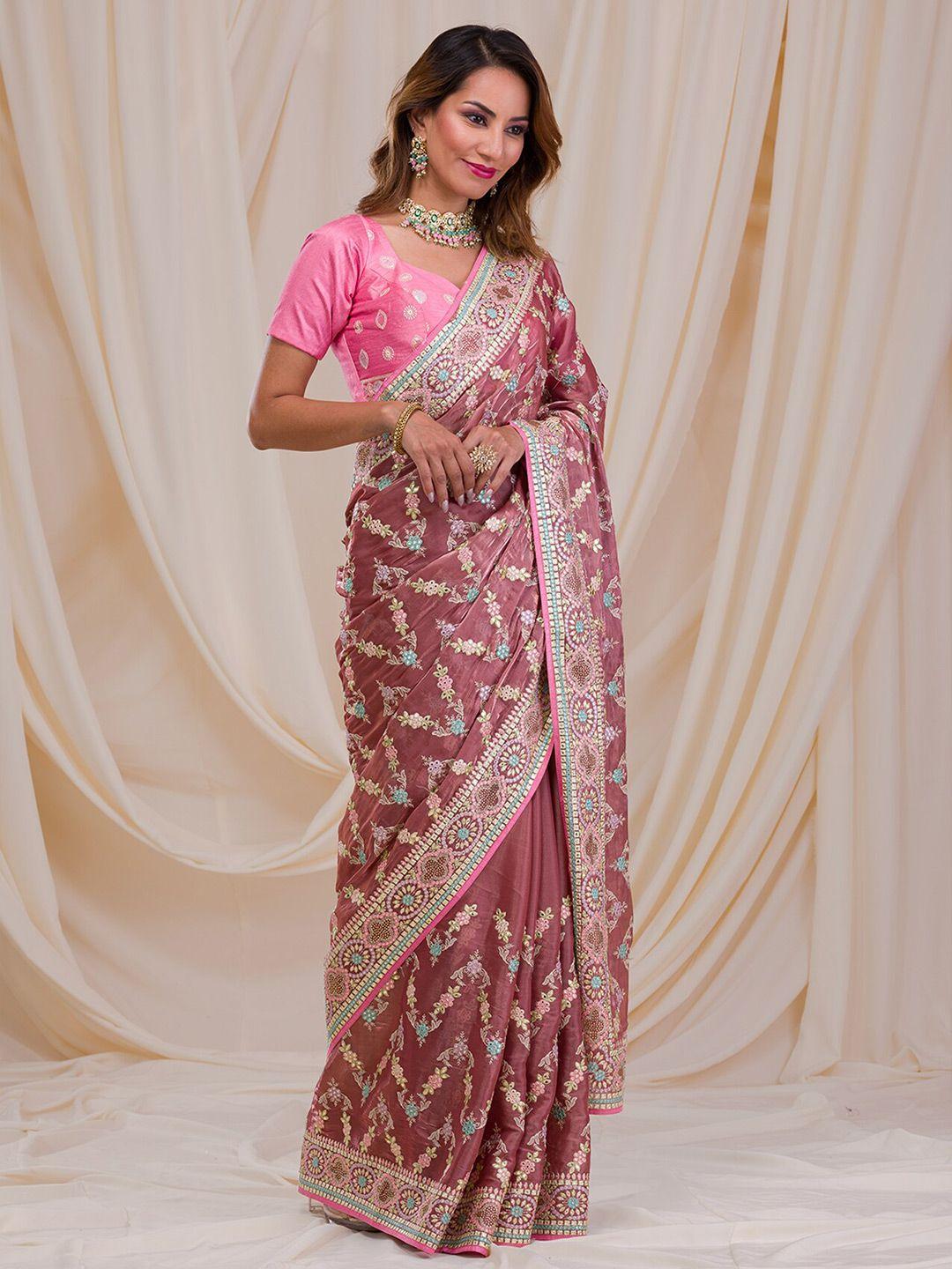 koskii  floral embroidered beads and stones poly chiffon saree