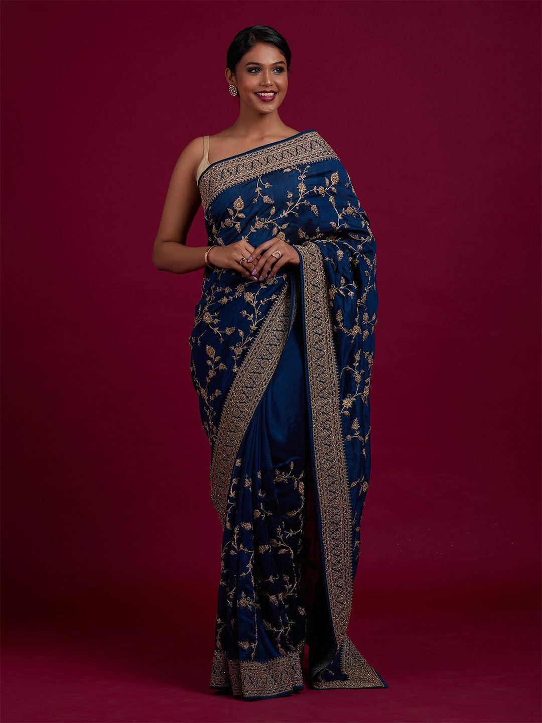 koskii blue & gold-toned floral embroidered art silk saree