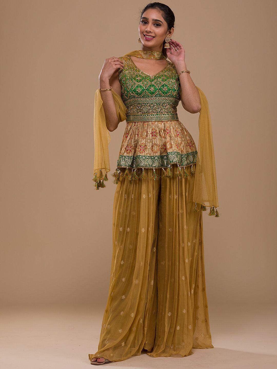 koskii ethnic motifs embroidered a-line beads and stones top with palazzos & dupatta