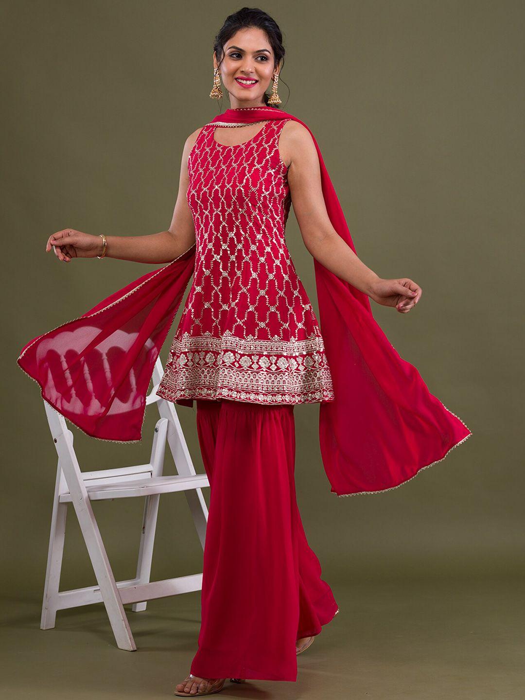 koskii ethnic motifs embroidered sequinned kurti with sharara & with dupatta