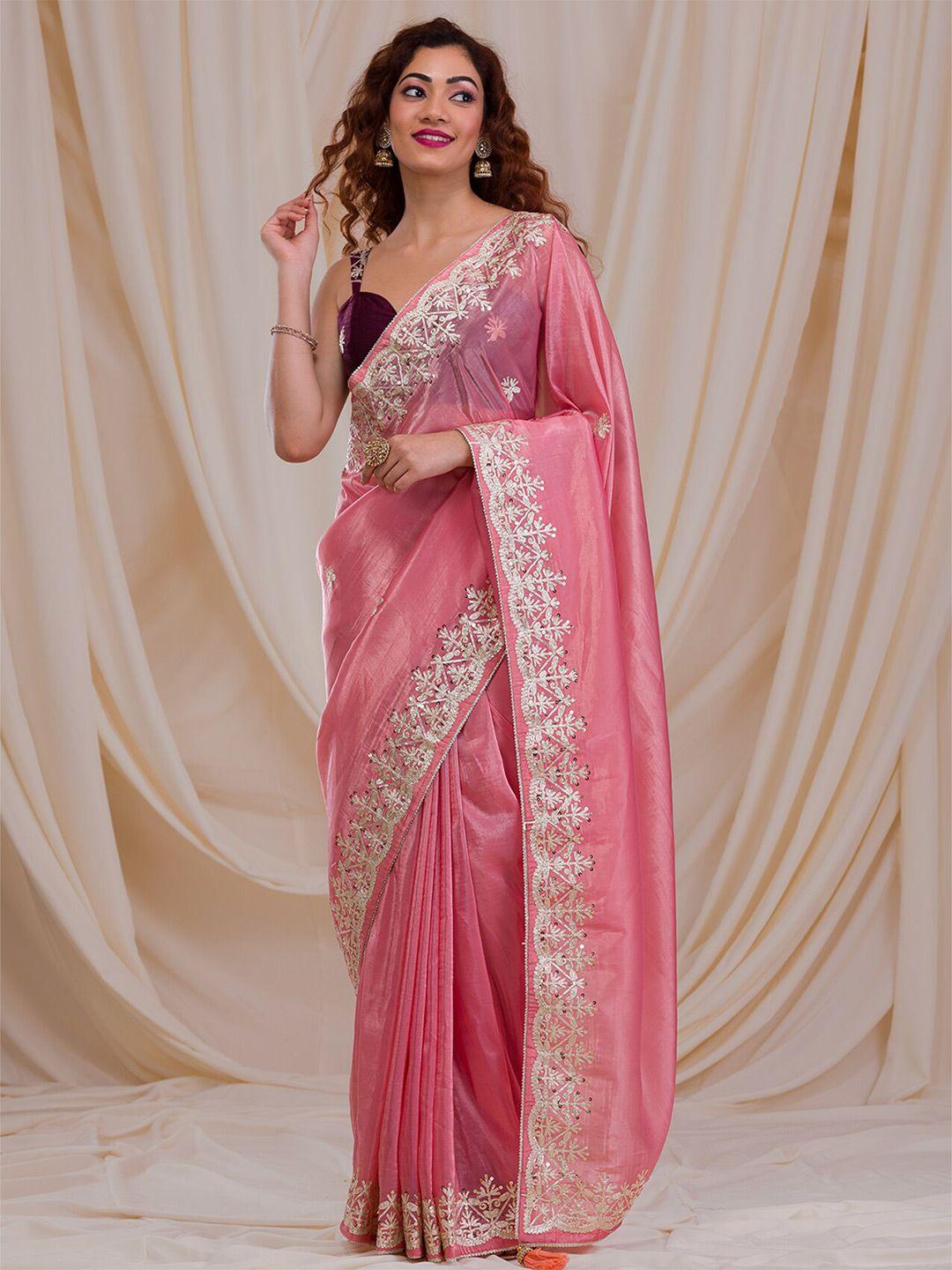 koskii floral embroidered sequinned tissue saree