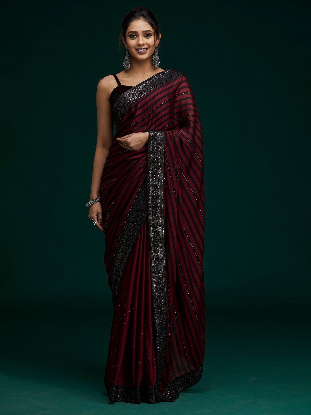 koskii maroon & black striped sequinned saree