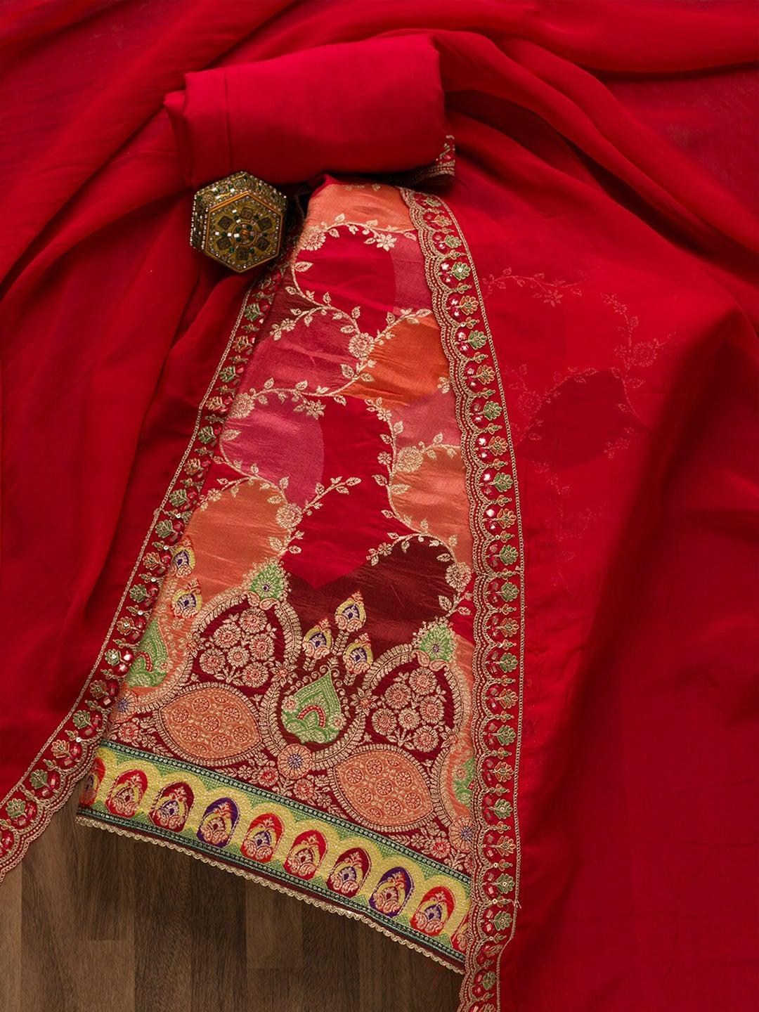koskii red ethnic motifs woven design velvet unstitched dress material