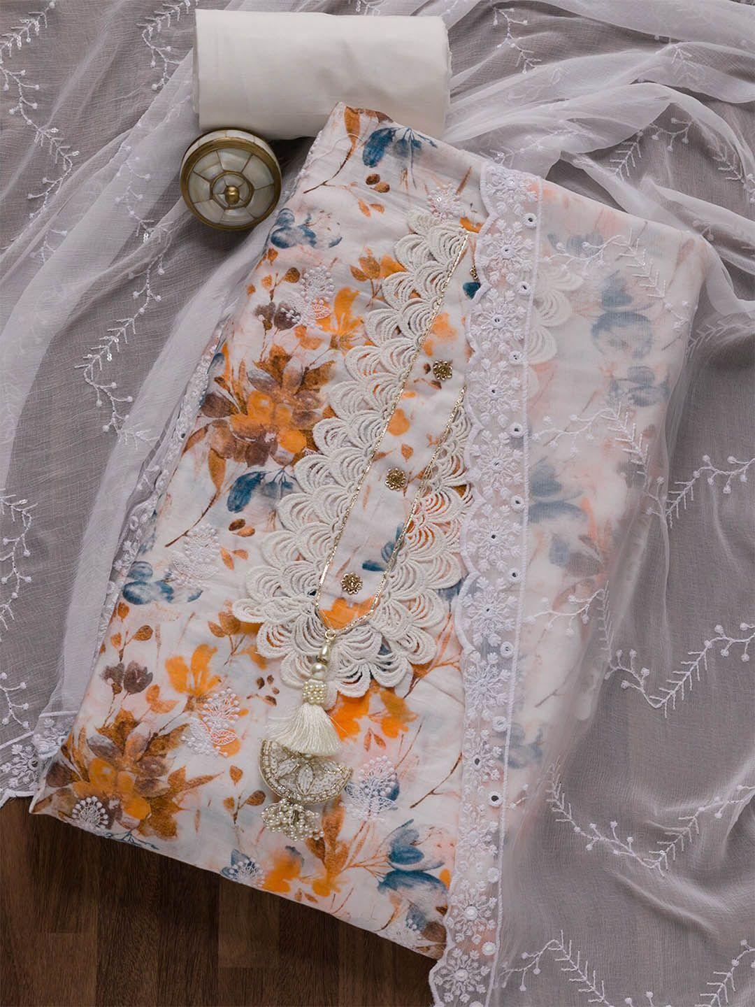 koskii white & yellow embroidered pure cotton unstitched dress material