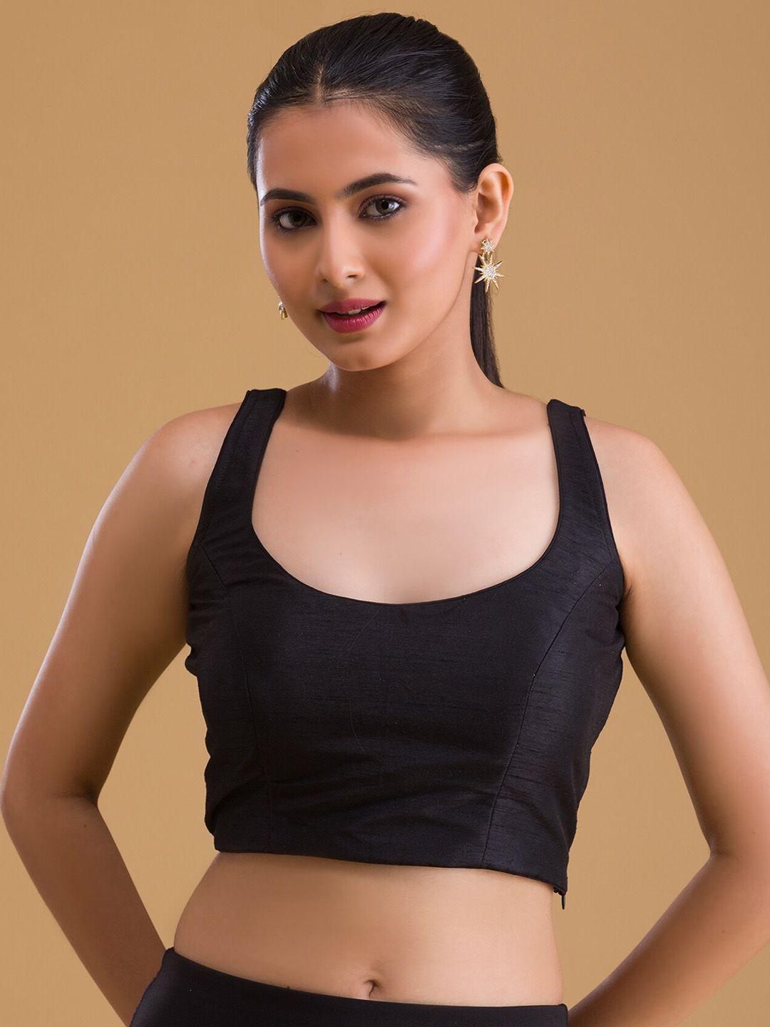 koskii women black solid raw silk sleeveless saree blouse