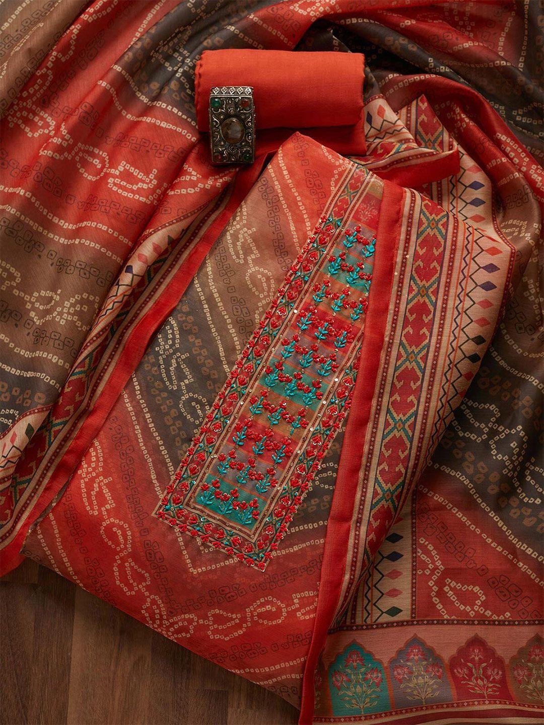 koskii women brown & blue embroidered art silk unstitched dress material