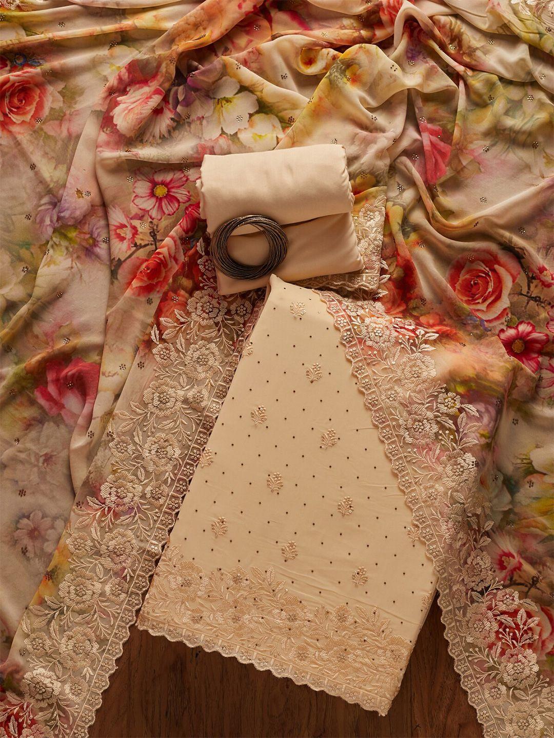 koskii women cream threadwork georgette unstitched dress material