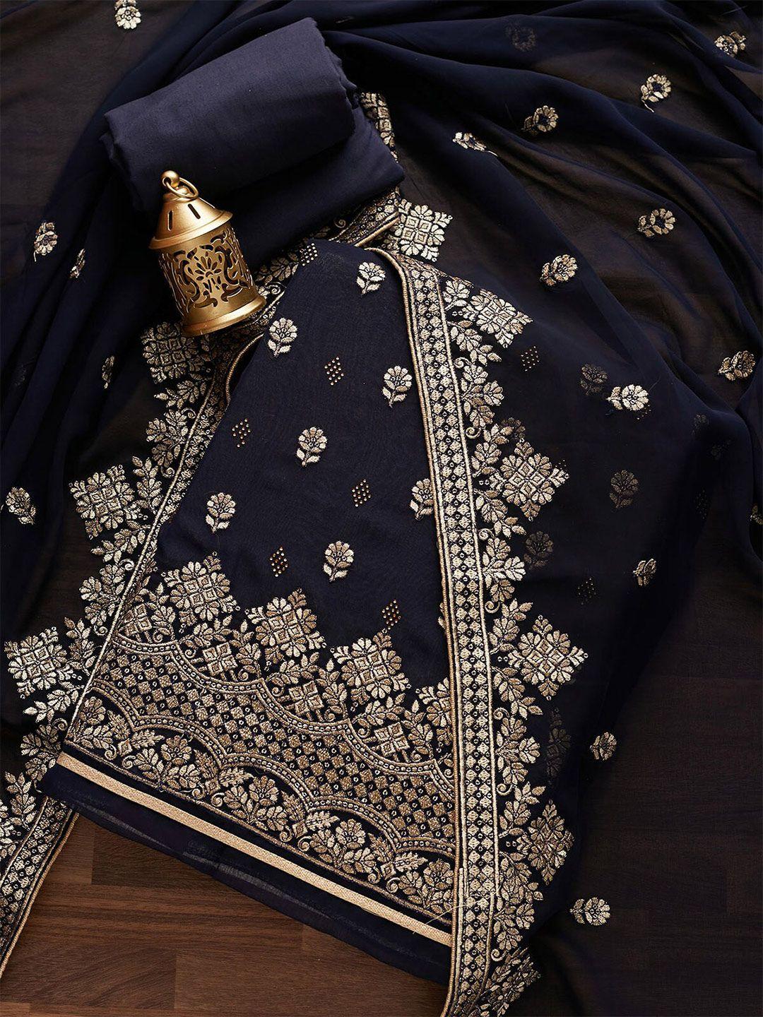koskii women navy blue & silver-toned embroidered unstitched dress material