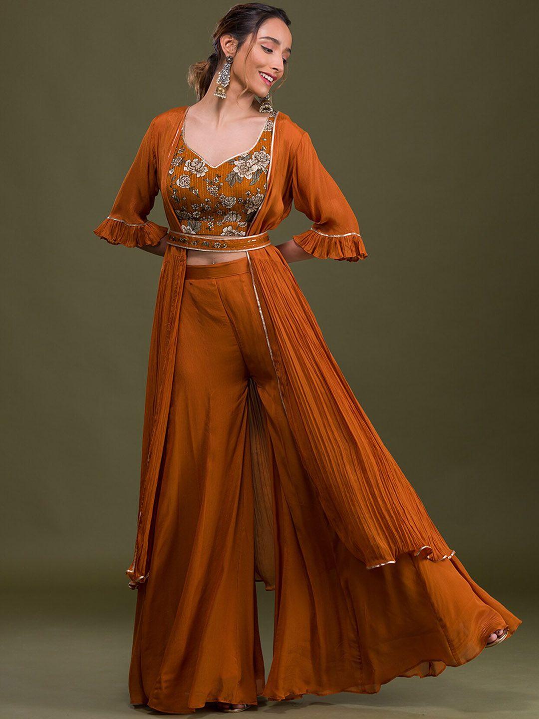 koskii women orange floral printed top with palazzos