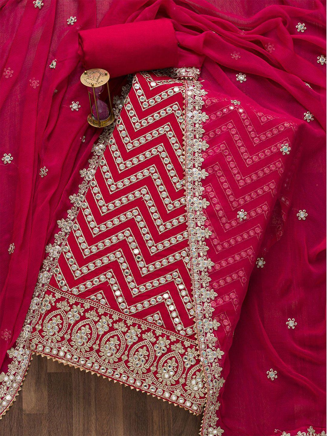 koskii women pink & white embroidered unstitched dress material
