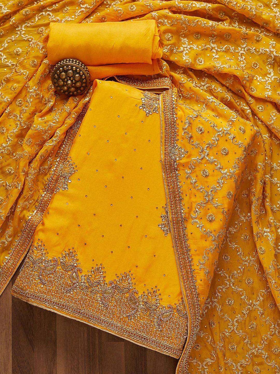 koskii women yellow & gold-toned embroidered unstitched dress material