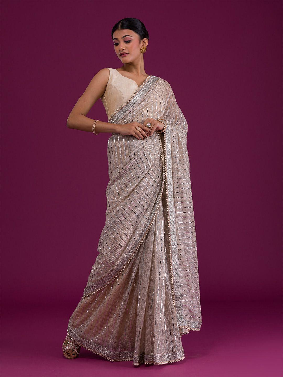 koskii beige & silver-toned embellished sequinned supernet saree