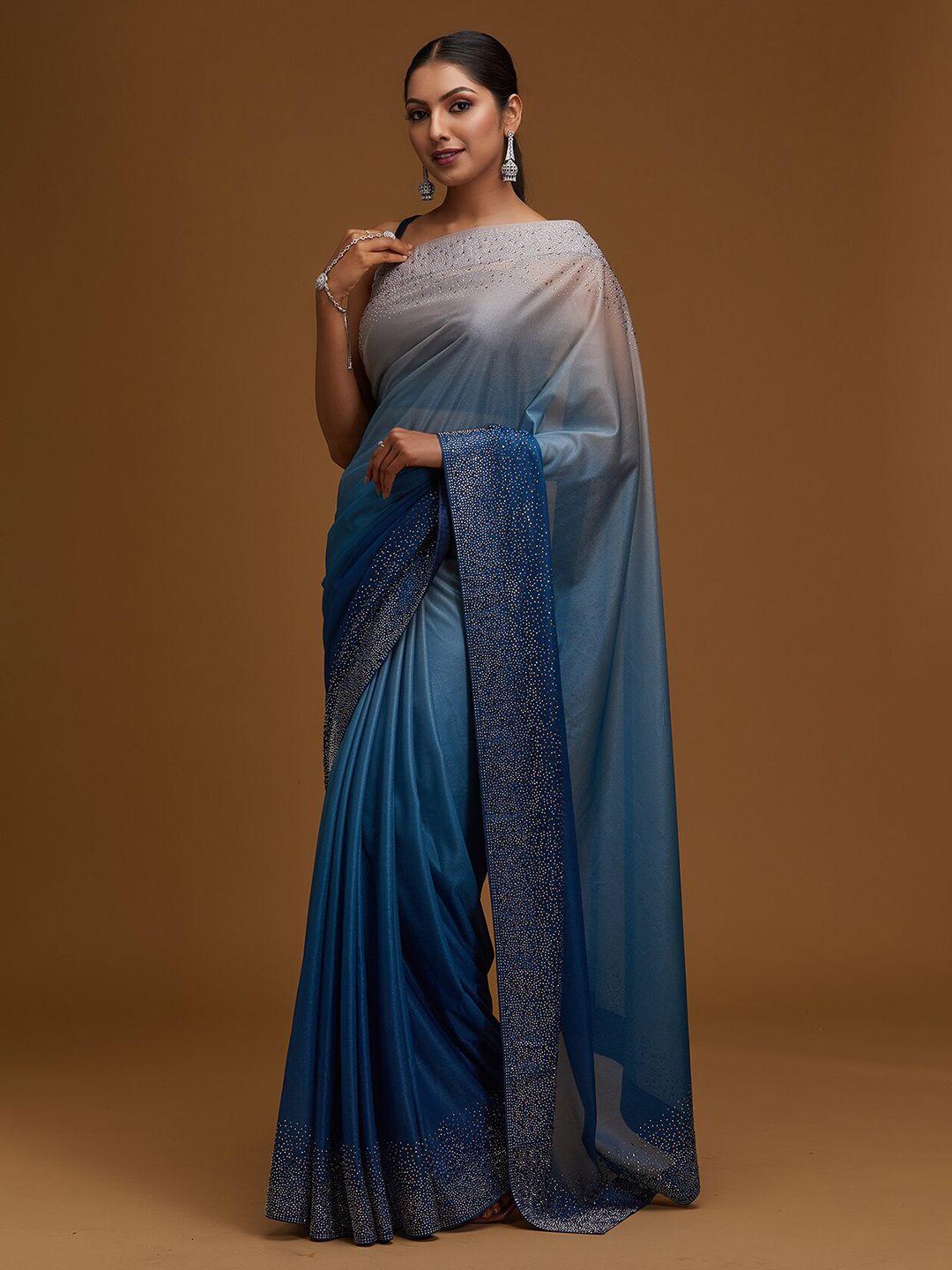 koskii blue & gold-toned beads and stones tissue saree