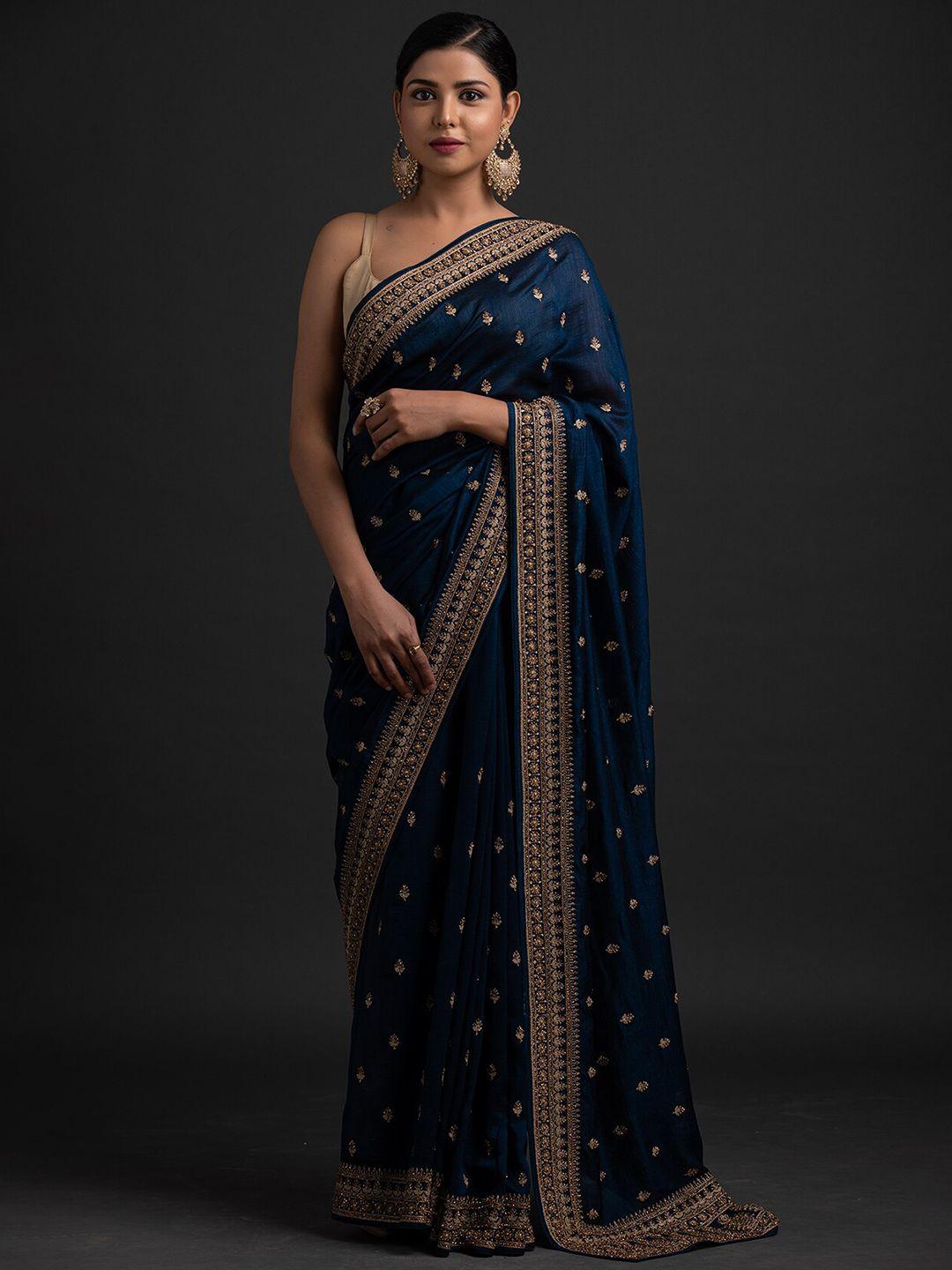 koskii blue & gold-toned embellished embroidered art silk saree