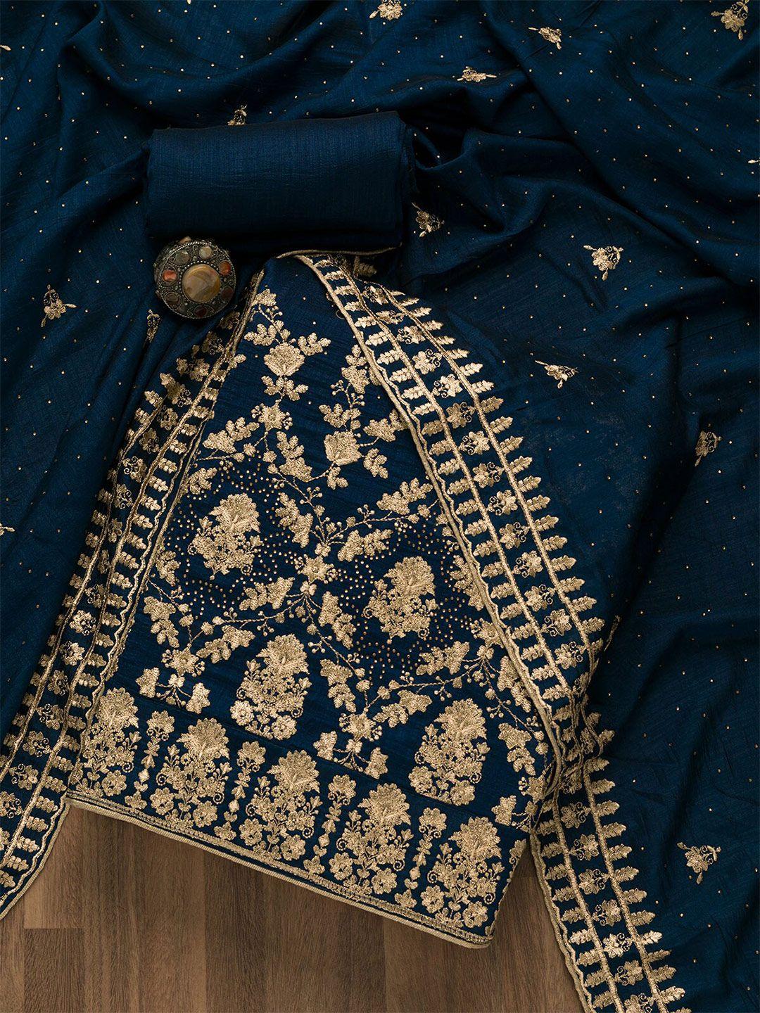 koskii blue & gold-toned embroidered art silk unstitched dress material