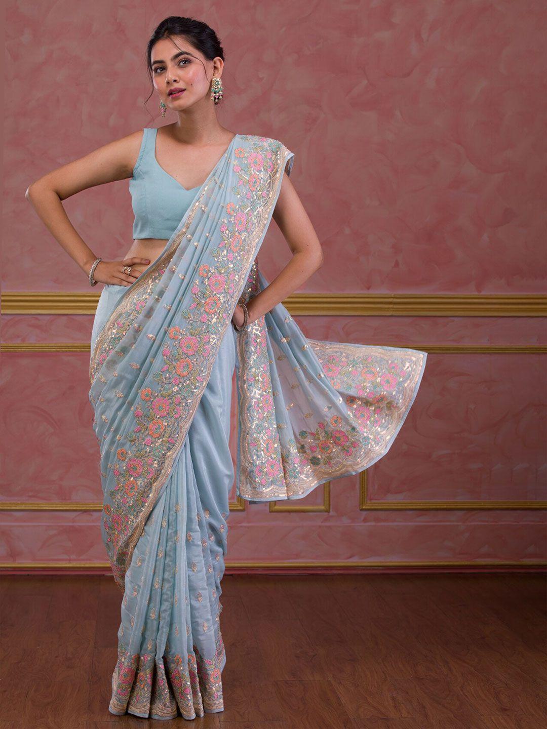 koskii blue & pink floral embroidered tissue saree