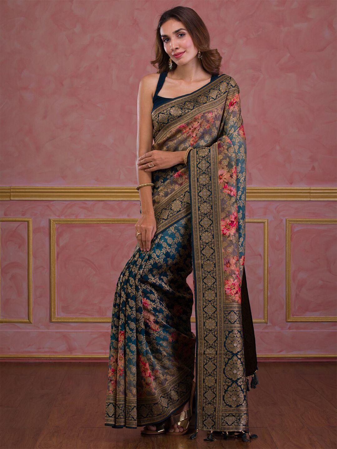 koskii blue & pink floral zari art silk banarasi saree