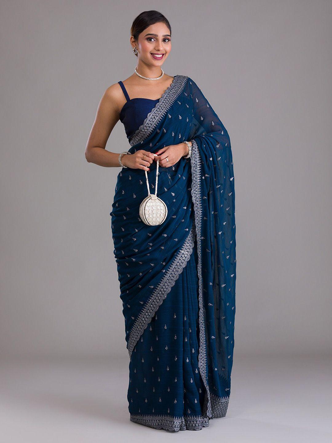 koskii blue & silver-toned embellished beads and stones heavy work saree