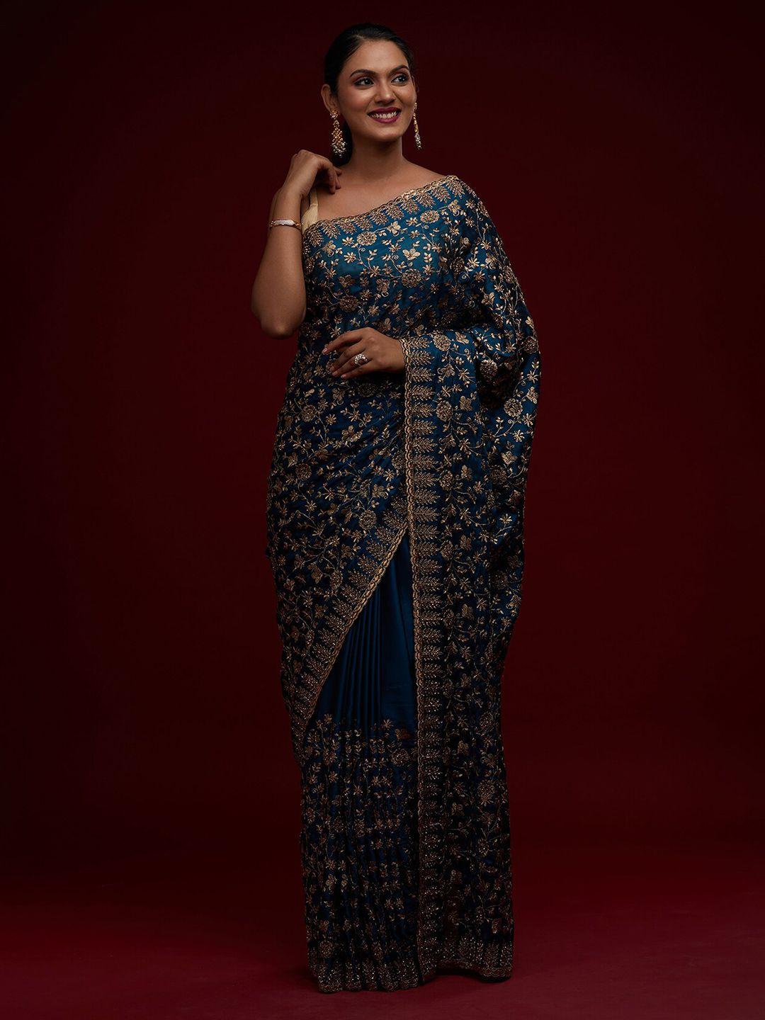 koskii blue & silver-toned floral embroidered saree