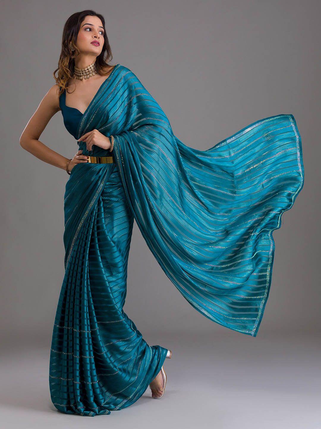 koskii blue & silver-toned striped beads and stones saree