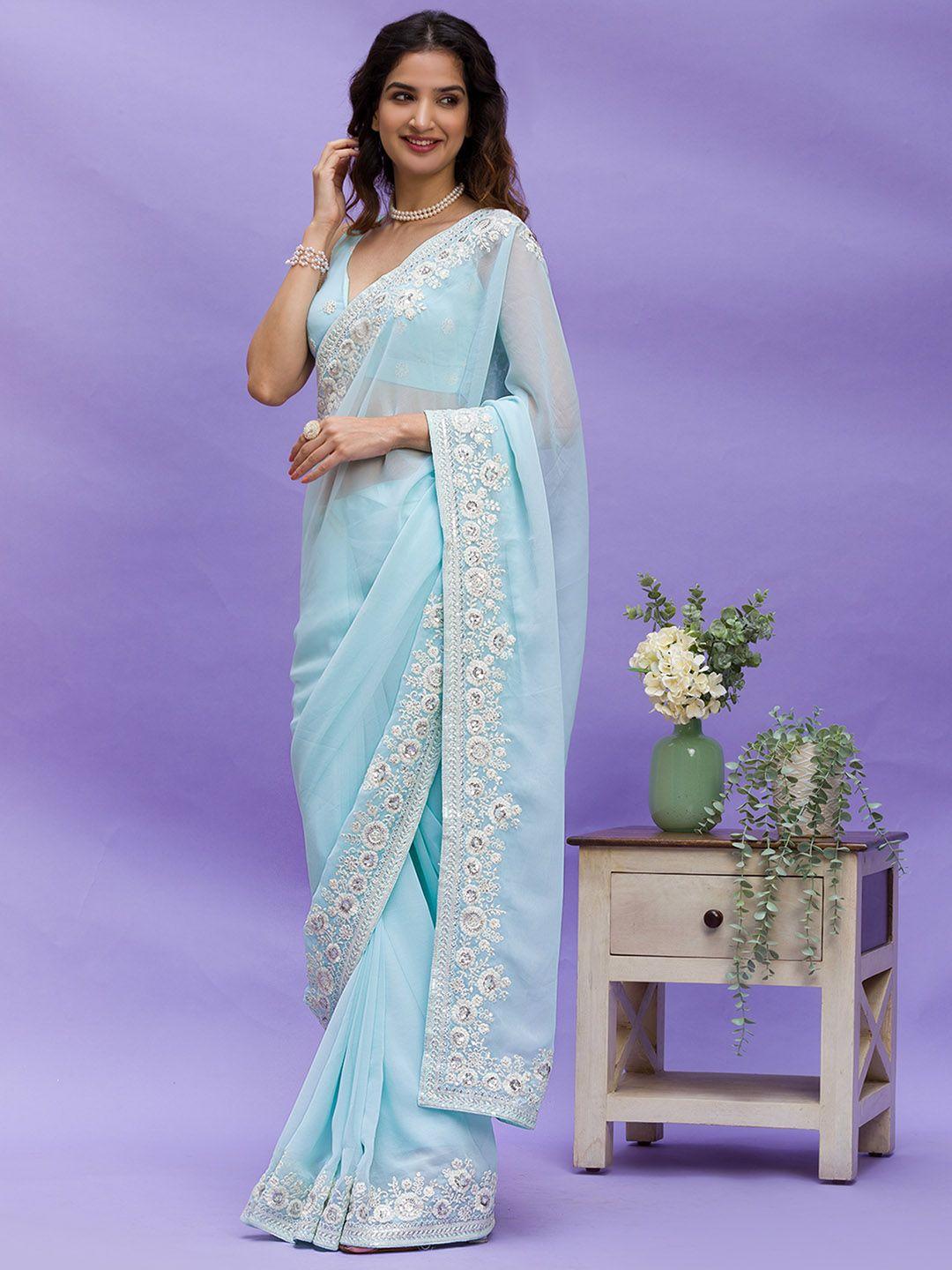 koskii blue & white embroidered poly georgette saree