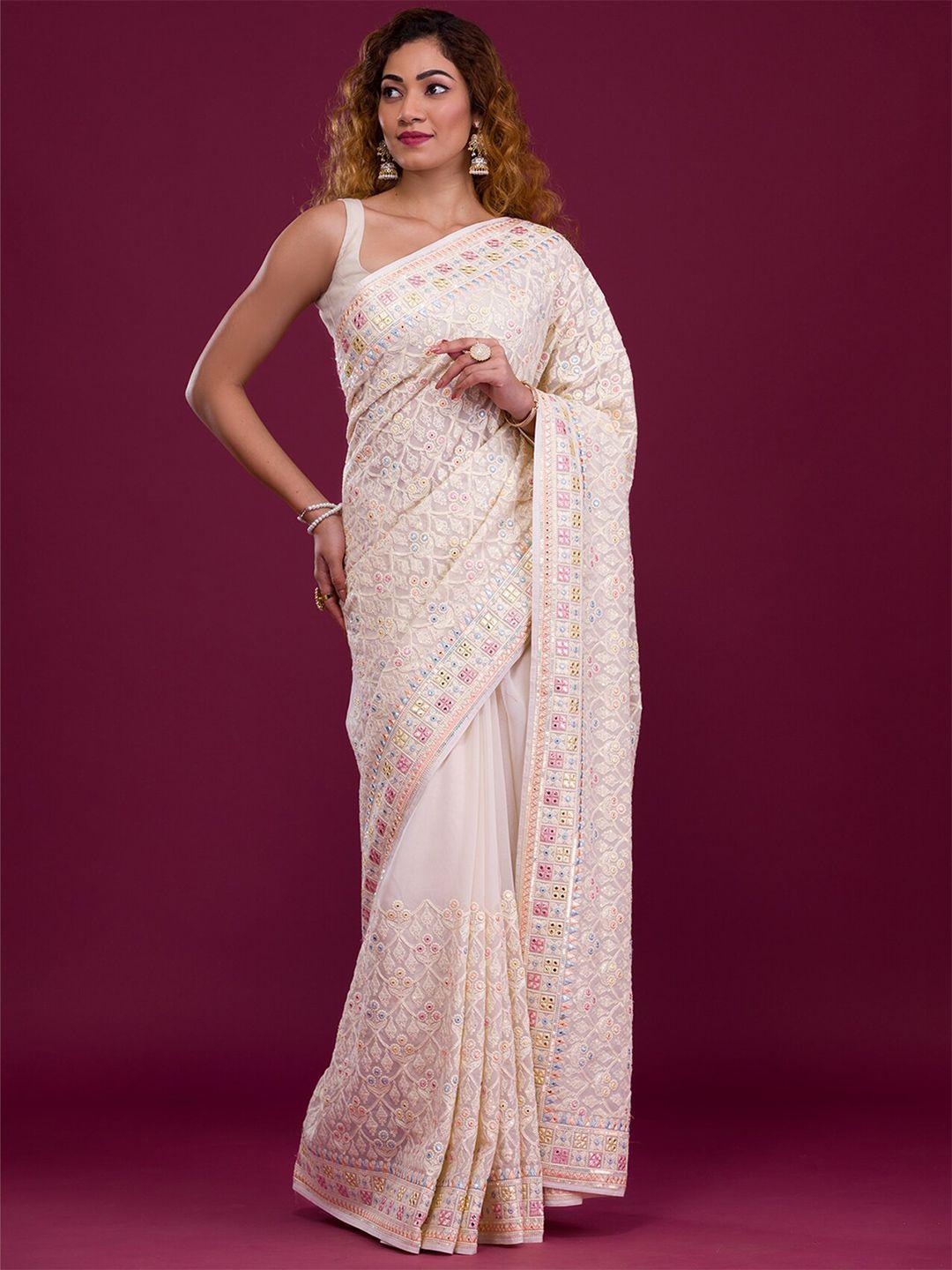 koskii cream-coloured & pink floral embroidered supernet saree