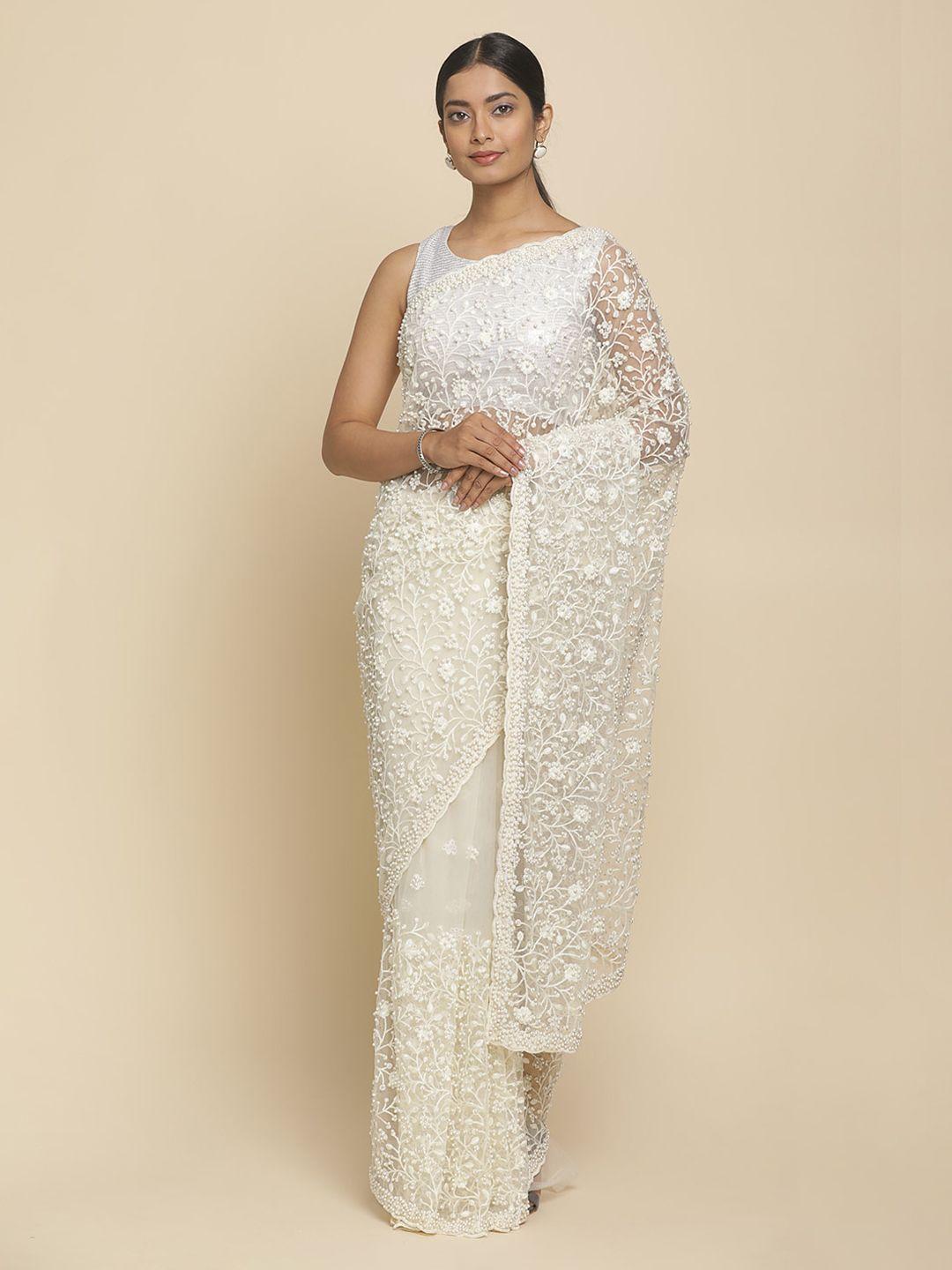 koskii cream-coloured embellished net saree