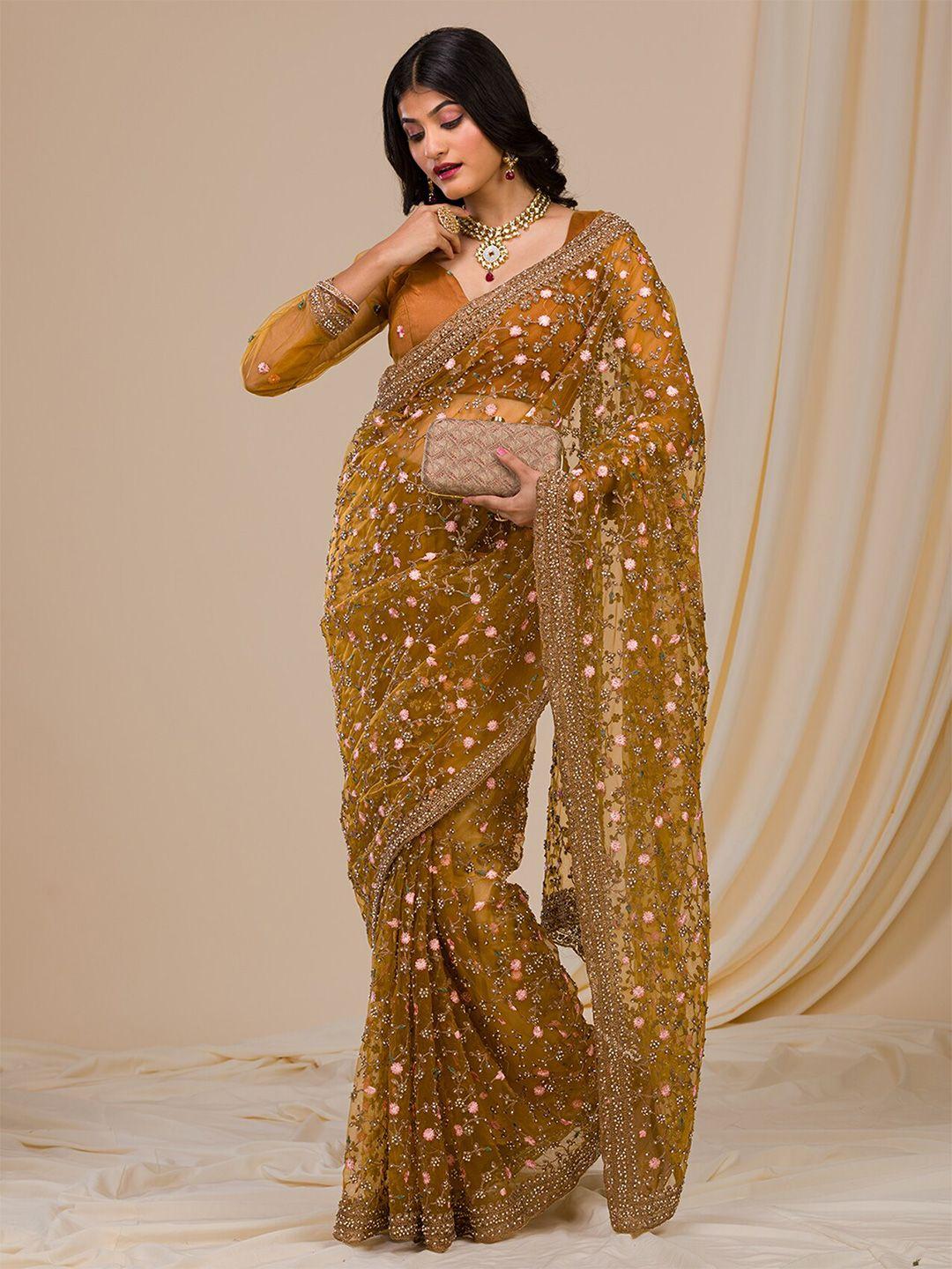 koskii embellished beads and stones net saree