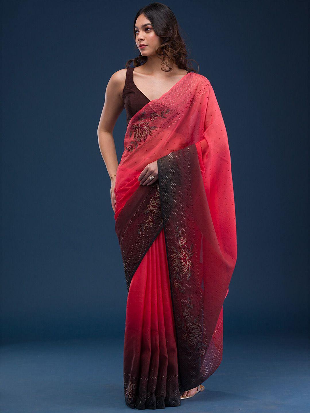 koskii embellished beads and stones satin saree