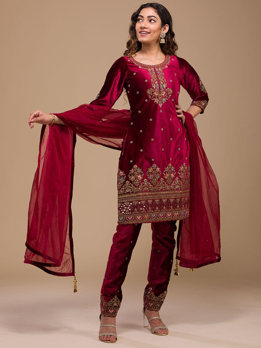 koskii ethnic motifs embroidered sequined velvet kurti with trousers